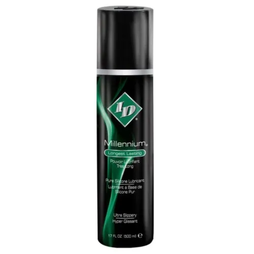 Schwarze Flasche ID Millennium Silikon-Gleitmittel, 500 ml, mit grünem Design und Text "Longest Lasting".