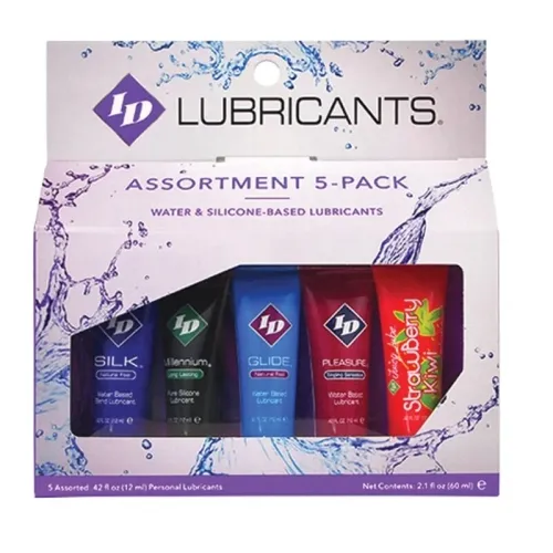 Packaging containing five different lubricant gels: Silk, Millennium, Glide, Pleasure and Strawberry Kiwi.