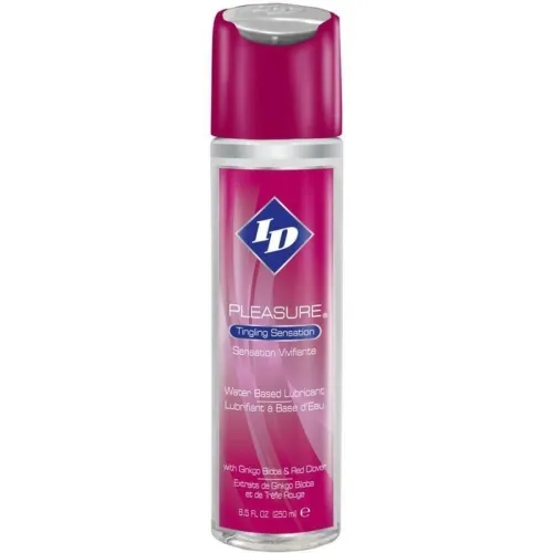 Bottle of water-based lubricant, pink label, 250 ml, brand ID Pleasure, "Tingling Sensation".