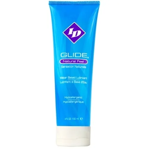 Blue lubricant in a tube labeled "ID Glide Natural Feel", water-based and hypoallergenic, 120 ml.