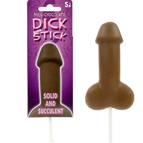 Schokoladenlutscher in Form eines Penis mit Verpackung, Aufschrift: "Solid and Succulent".