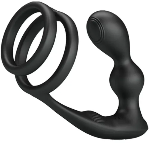 Black, ergonomically shaped sex toy with two rings and a curved end for stimulation.