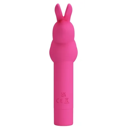 Pink, rabbit-shaped object with a smooth surface and CE marking.
