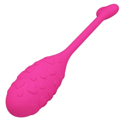 Pink, heart-shaped patterned silicone vibrator with a long handle.