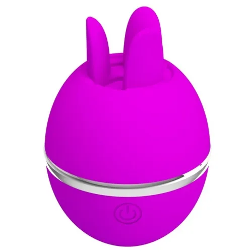 Kleiner, pinker, eiförmiger Vibrator mit Hasenohren und silbernem Ring, Power-Symbol auf der Vorderseite.