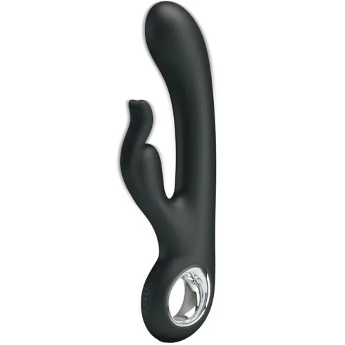Black vibrator with ergonomic design and two stimulation arms, one of which is rabbit-shaped, with a silver handle.