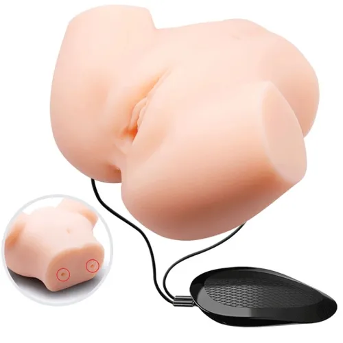 Sex toy in the shape of a torso with remote control, skin-colored, connected by cable.