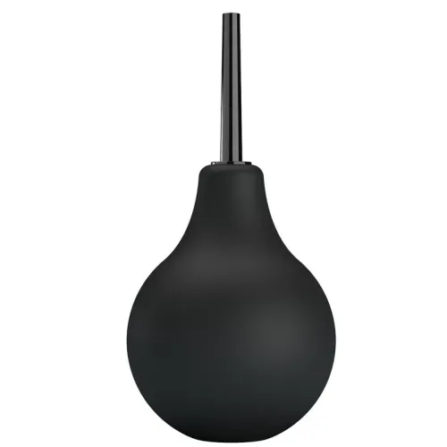 Black rubber balloon syringe with a long, narrow spout against a white background.