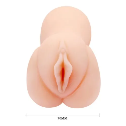Silicone sex toy in skin color, 70 mm wide, with anatomical details.