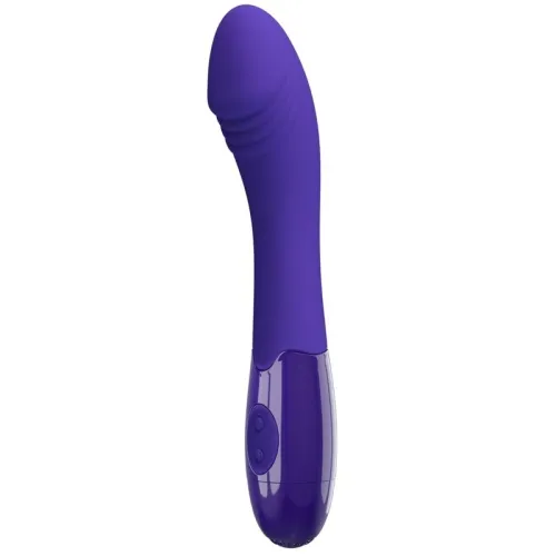 Purple vibrator with curved design and textured head, two buttons on the handle.