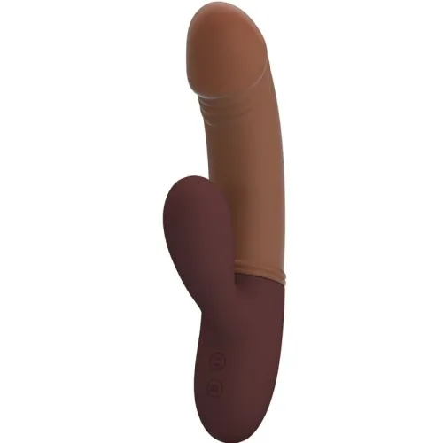 Brown vibrator with a curved shape and two control buttons, isolated on a white background.