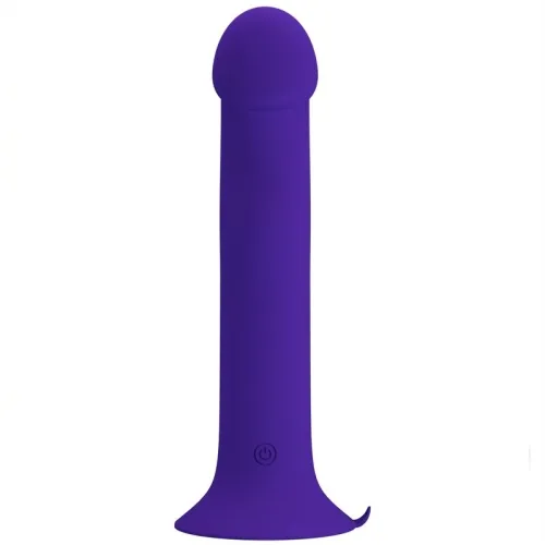 Purple vibrator with a smooth surface and rounded tip, with an on/off button at the bottom.
