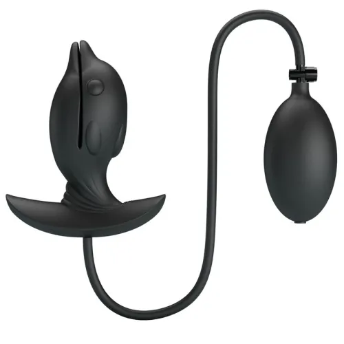 Black, fish-shaped silicone toy with pump and hose, on a white background.
