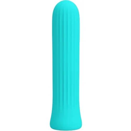Turquoise, ribbed, cylindrical object with a rounded tip on a white background.