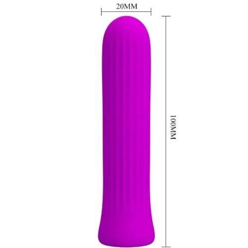Purple, cylindrical object with a ribbed surface, 100 mm high and 20 mm wide.