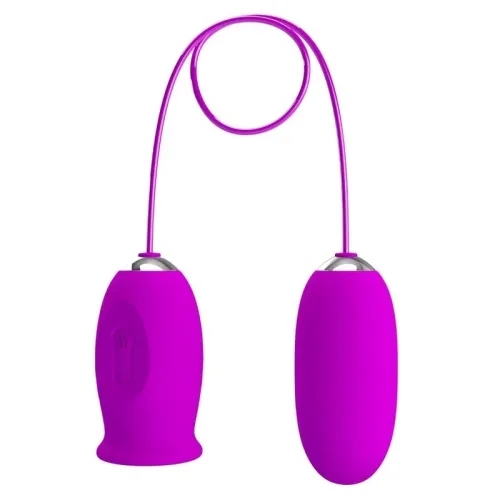 Purple vibrator egg with remote control, connected by a cable, on a white background.