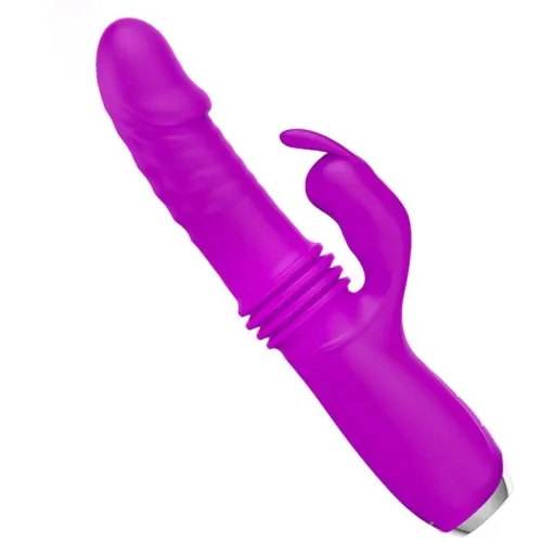 Purple vibrator with curved clitoral stimulator and ribbed shaft.
