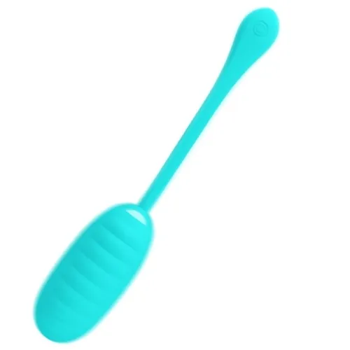 Ein türkisfarbener, länglicher Vibrator mit geripptem Design und langem Griff.