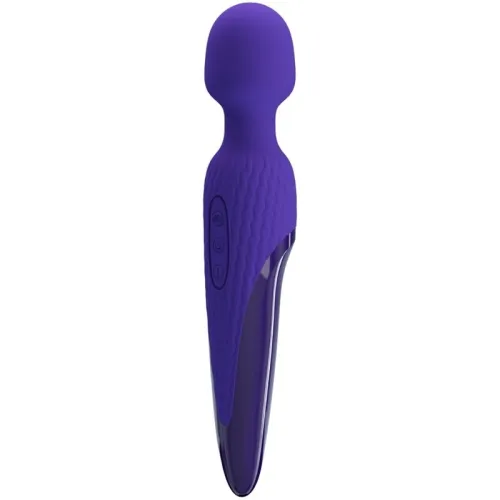 Purple massage device with textured handle and controls on the side, suitable for relaxation and wellness.