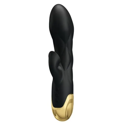 Black vibrator with gold accents and textured design, side view.