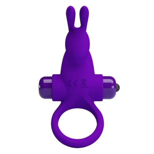 Purple vibrating ring with rabbit ear design, made of silicone, with CE marking.