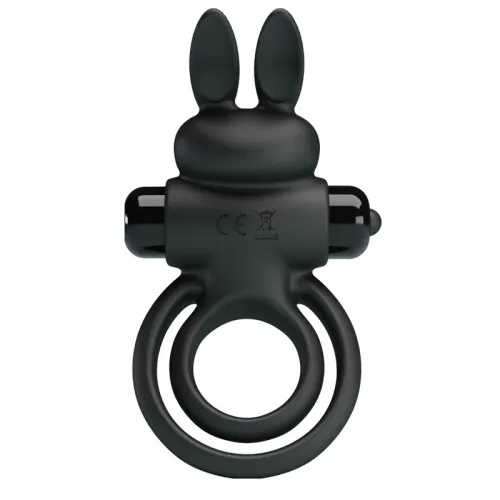 Black silicone ring with bunny ears and integrated vibrator, CE marking visible.