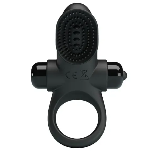 Black silicone ring with textured top and two side protrusions, suitable for massage purposes.