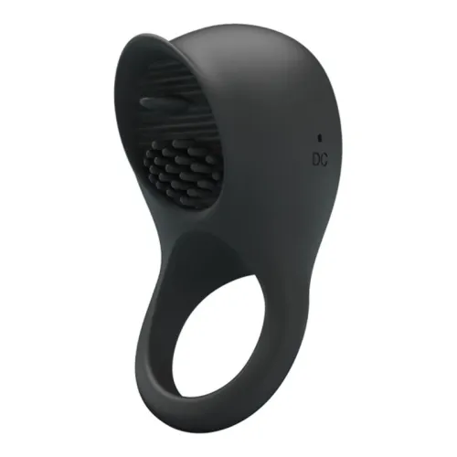 Black silicone ring with textured top and charging port, side view.