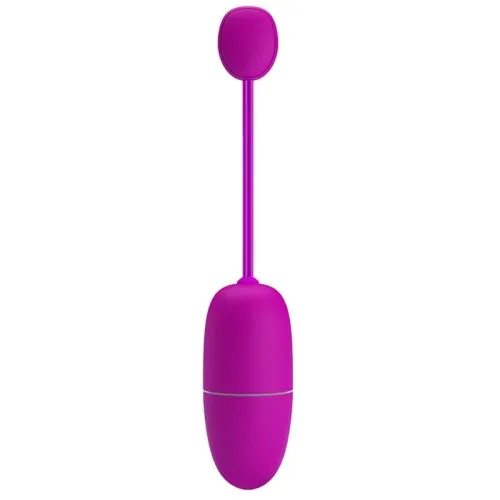 Purple vibrating egg with remote control, elongated shape, smooth surface.