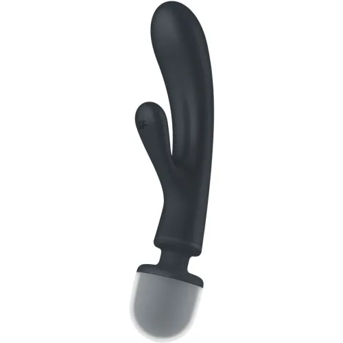 Black vibrator with two arms and rounded base on a white background.