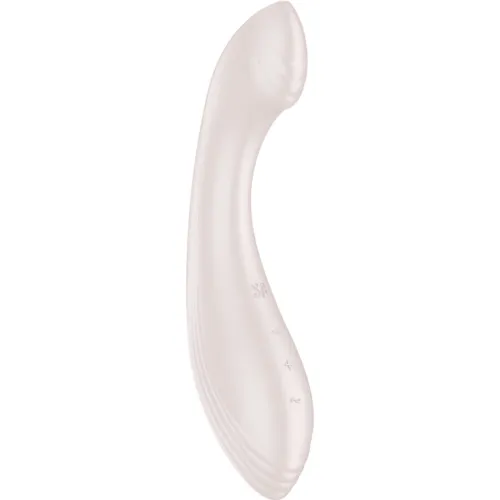 Beigefarbener, gebogener Vibrator mit glatter Oberfläche und Bedienelementen an der Seite.