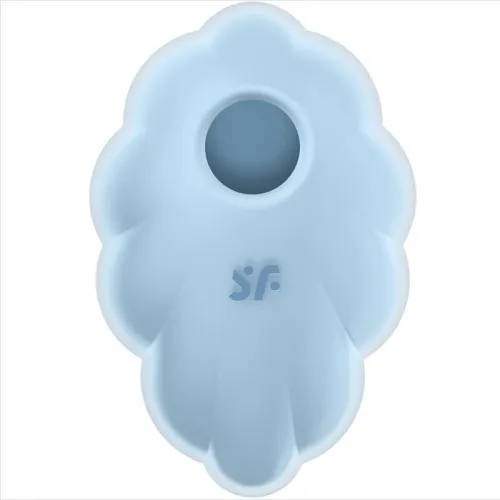 Light blue, flower-shaped object with a central hole and logo on the surface.