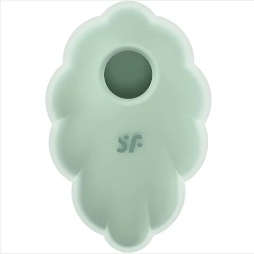 Green, flower-shaped object with a hole in the middle and a logo underneath.
