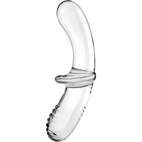Clear glass dildo with a curved shape and textured handle, on a white background.
