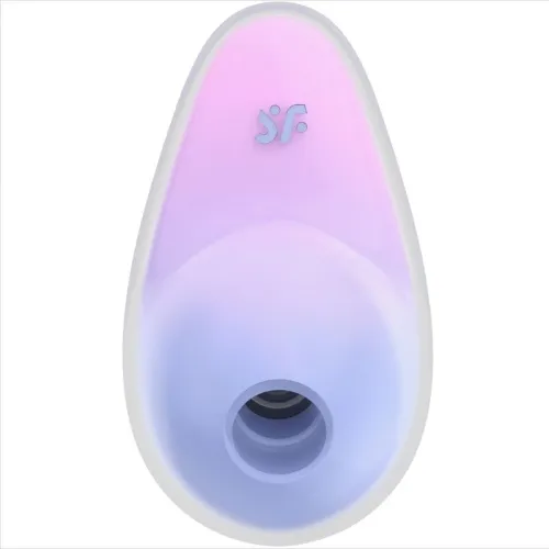 A teardrop-shaped device in pastel colors with an opening and a logo on the top.