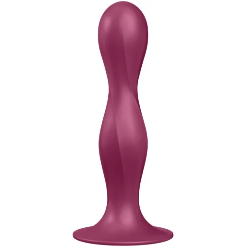 Purple, curved silicone toy with a wide base, freestanding on a white background.