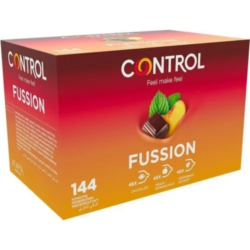 Packaging for Control Fusion condoms, 144 pieces, with chocolate, peach and peppermint flavors.