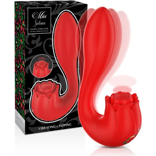 Red rose-shaped vibrator with packaging featuring "Mia Selena" and "Vibrating + Tapping".
