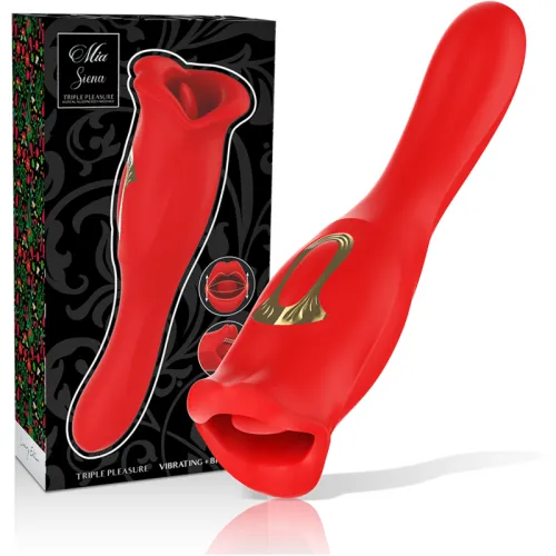 Red vibrator with golden accents, next to a decorative package with a floral pattern.