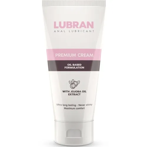 Tube of Lubran anal lubricant, premium cream, oil-based formula, jojoba oil extract, long-lasting, non-sticky.