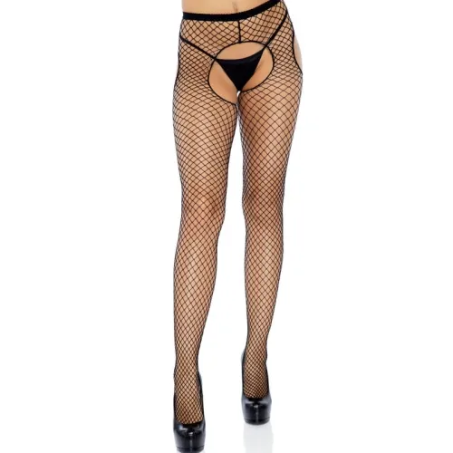 Frau in schwarzer Netzstrumpfhose und High Heels, Vorderansicht.