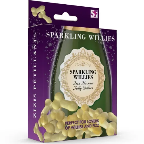 Packaging of "Sparkling Willies" with jelly fruits in bottle shape, purple background, gold details.