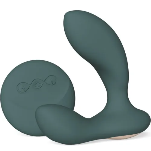 Dunkelgrüner Prostatastimulator mit Fernbedienung, beide aus Silikon, auf weißem Hintergrund.