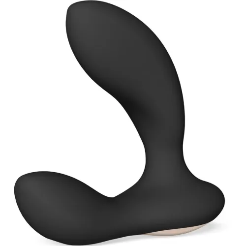 Schwarzer, ergonomisch geformter Prostatastimulator mit glatter Oberfläche, seitlich abgebildet.