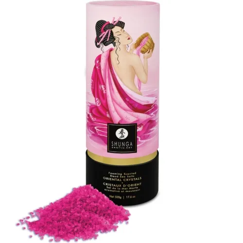 Pink bath salt packaging with Asian art, Shunga logo and pink crystals in the foreground.