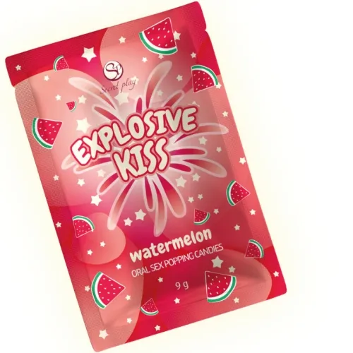 Rosa Verpackung mit Wassermelonen-Design, Text: "Explosive Kiss, Watermelon, Oral Sex Popping Candies, 9g".