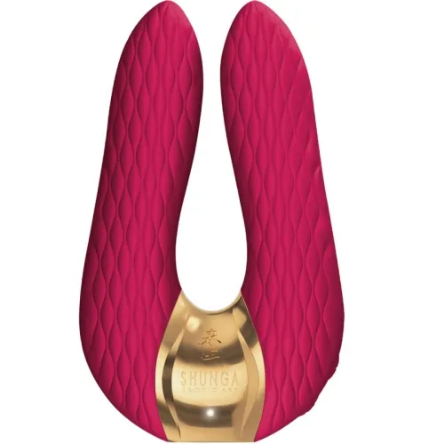 Red, U-shaped vibrator with gold trim and textured surface.