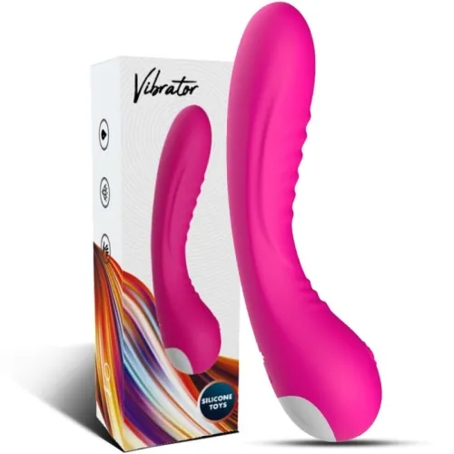 Pink vibrator in front of packaging with colorful design and the inscription "Silicone Toys".
