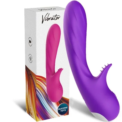 Two vibrators, pink and purple, in front of a package labeled "Vibrator" and "Silicone Toys".