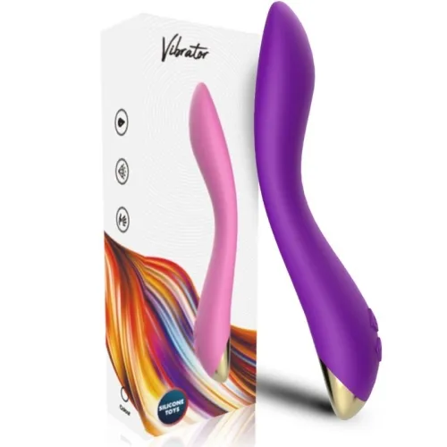 Purple vibrator next to packaging with a colorful design and the inscription "Vibrator".